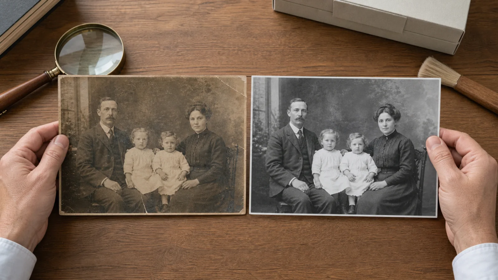 Two versions of the same vintage family portrait on an archival worktable: a faded scratched sepia print and a cleaner monochrome print