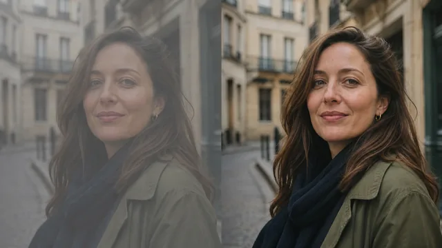 Before-and-after portrait showing balanced AI photo enhancement