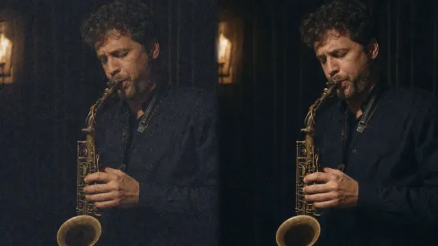 Low-light portrait compared before and after noise reduction
