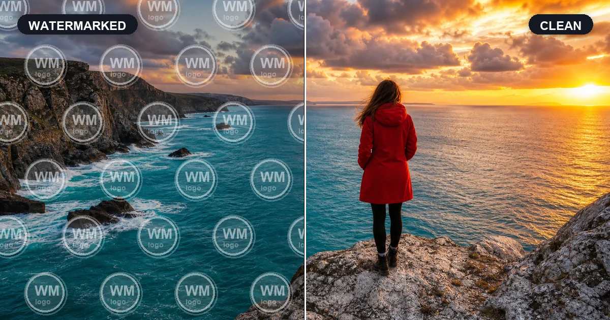 Travel photo comparison with repeating PREVIEW watermark removed