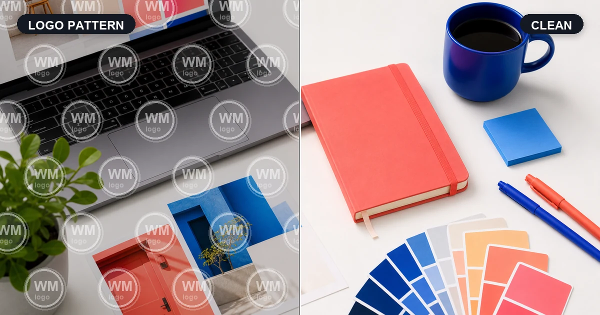 Design workspace comparison with tiled logo pattern removed