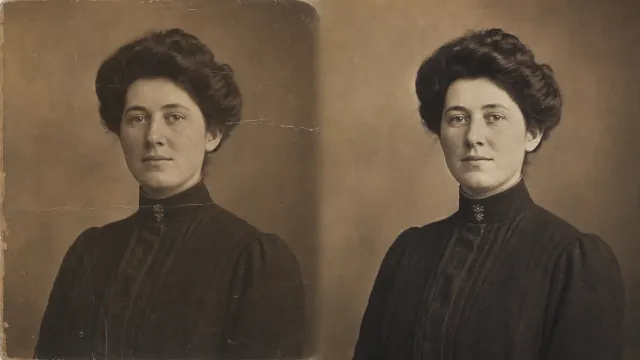 Damaged old family portrait compared with a restored result