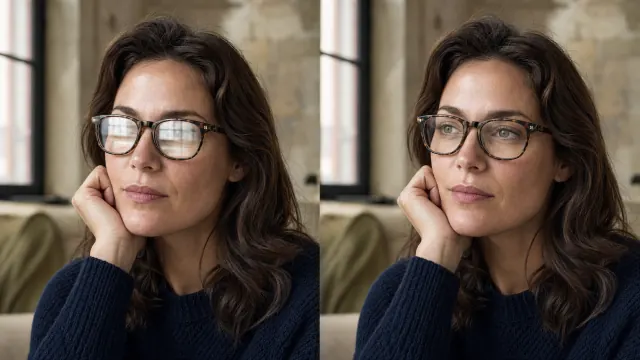 Portrait with glasses shown before and after glare reduction