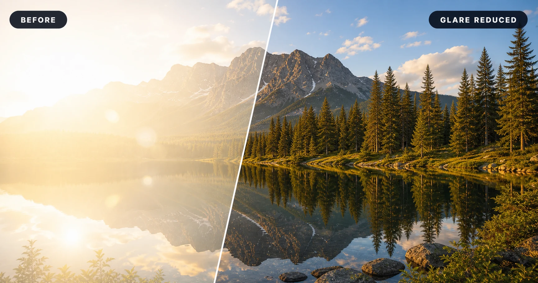 Before and after comparison showing sunset glare reduced on a coastal cycling path