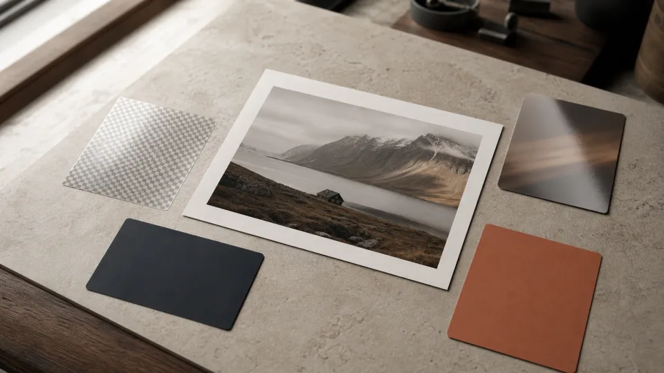 A photograph surrounded by four abstract export cards representing common image format choices