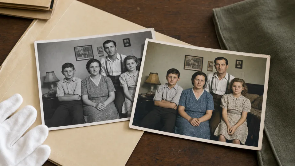 A vintage family portrait shown as a black-and-white scan and with restrained, natural color