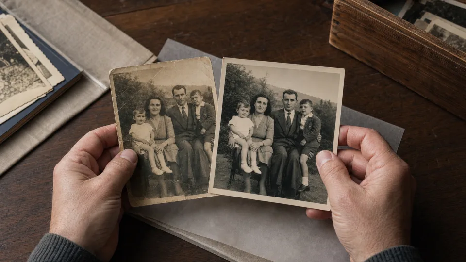 A faded family photograph compared with a gently restored version that retains natural faces and clothing