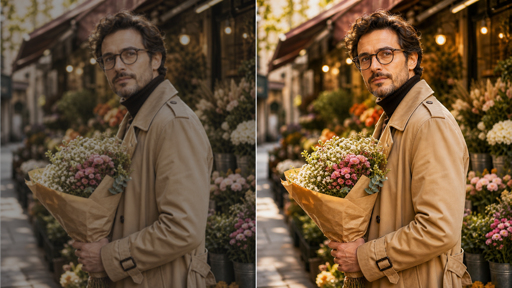Antes e depois de um retrato melhorado com IA