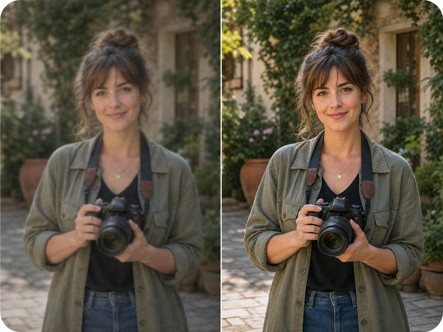 AI photo enhancer before and after close-up portrait