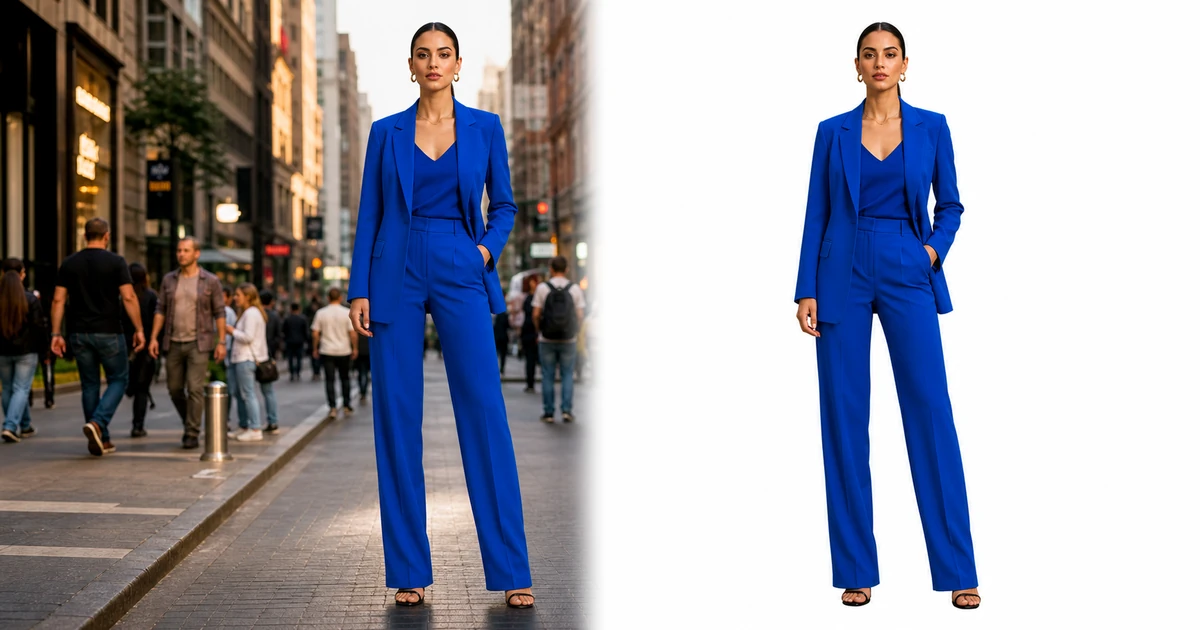 Modelo com terno azul-elétrico antes e depois do recorte com removedor de fundo