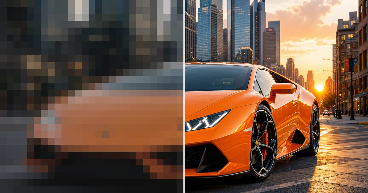 Supercarro laranja antes e depois da ampliação da imagem