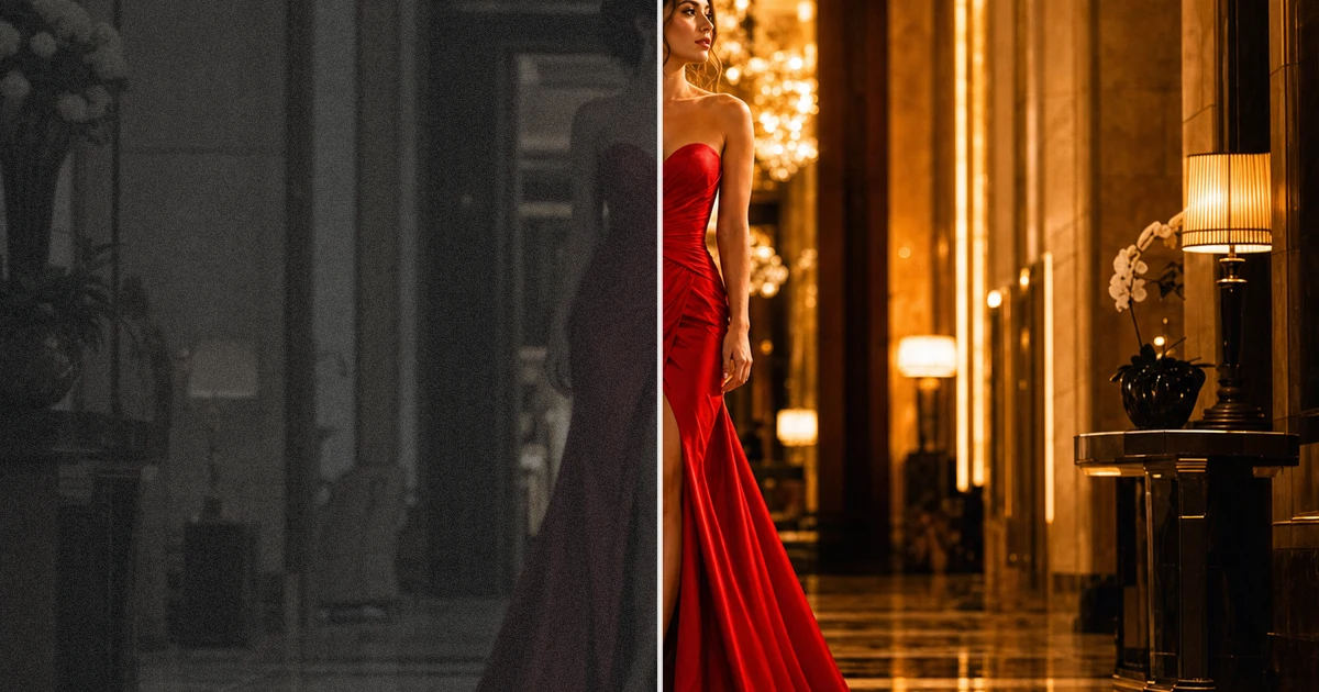 Retrato com vestido vermelho ao entardecer antes e depois da melhoria com IA