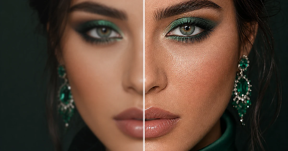 Retrato de beleza em tons de esmeralda antes e depois da melhoria de detalhes