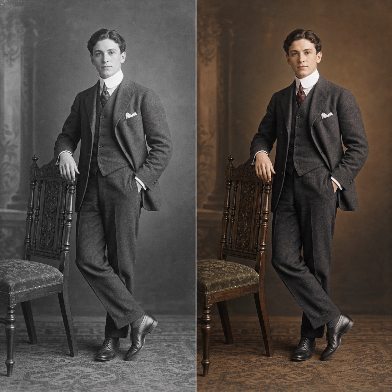 Retrato vintage antes e depois da colorização com IA