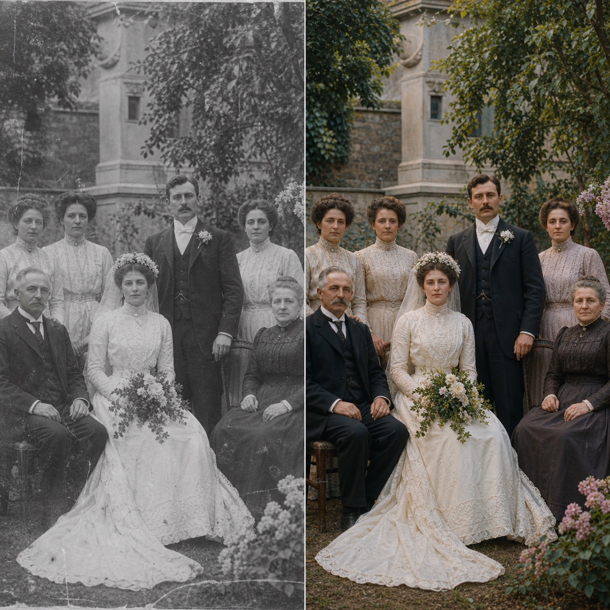 Foto de casamento de arquivo antes e depois da colorização com IA