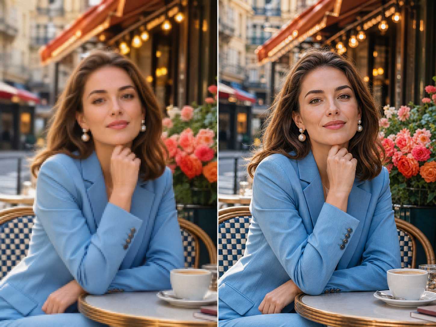 Retrato em um café de Paris antes e depois da ampliação