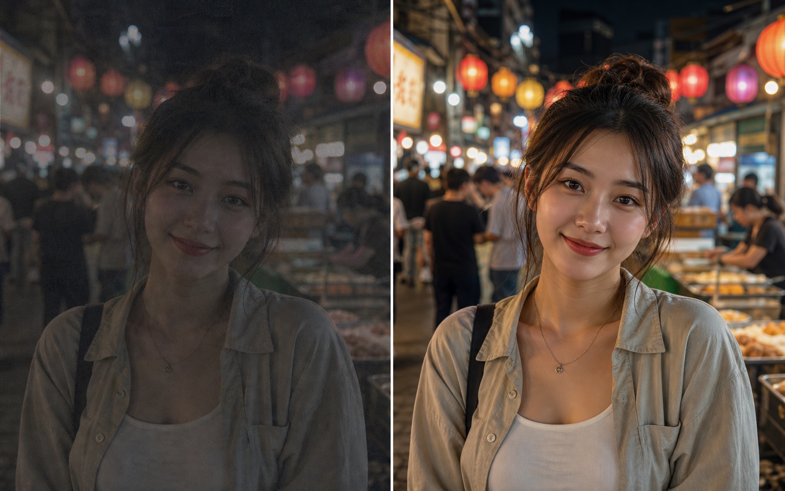 Retrato em mercado noturno antes e depois da melhoria com IA