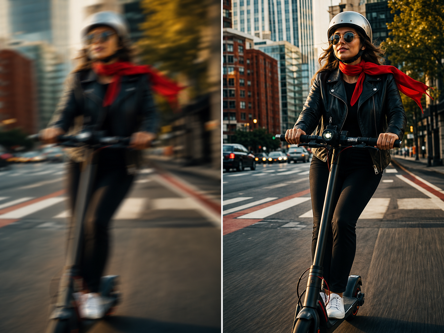 Foto de scooter elétrica em ação antes e depois da correção de desfoque