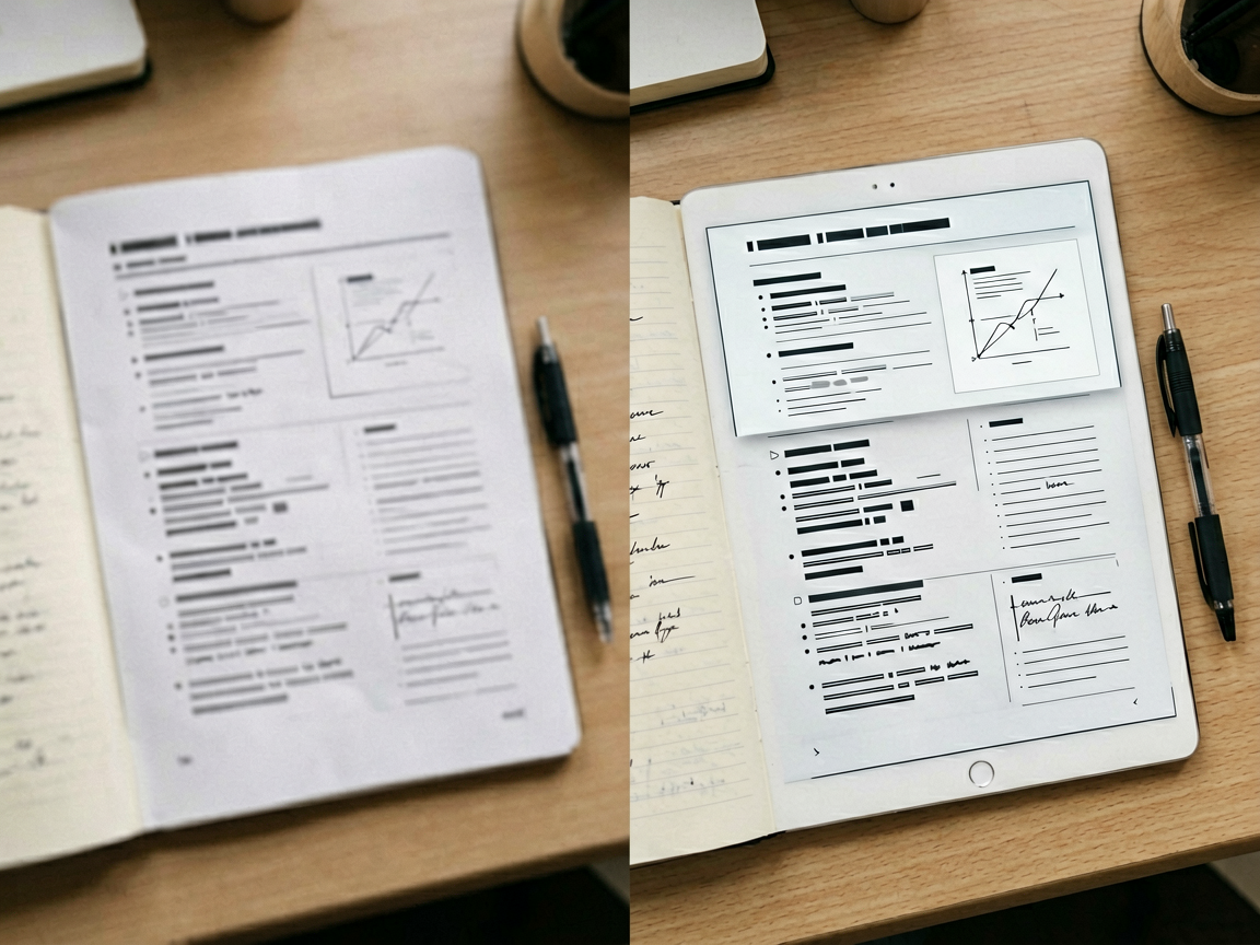 Anotações de estudo e texto de slide antes e depois da melhoria