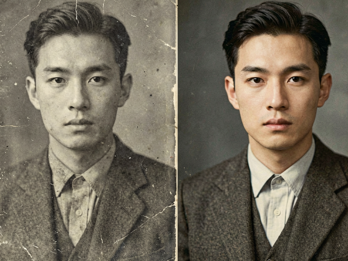 Foto antiga antes e depois da restauração com IA