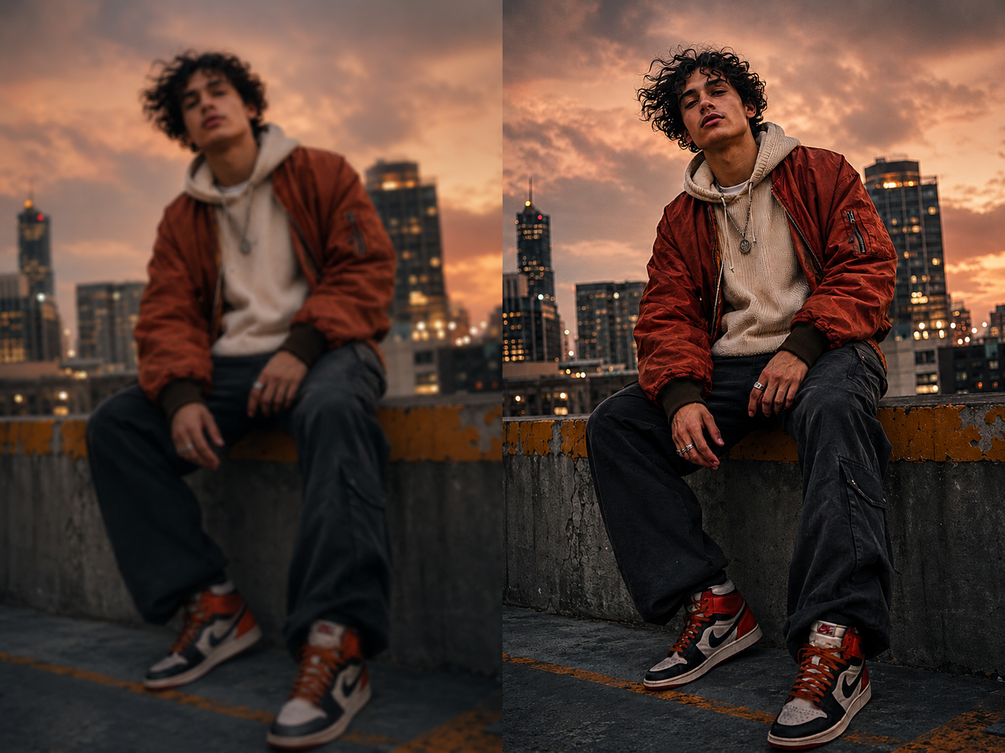 Before and after rooftop portrait enhancement