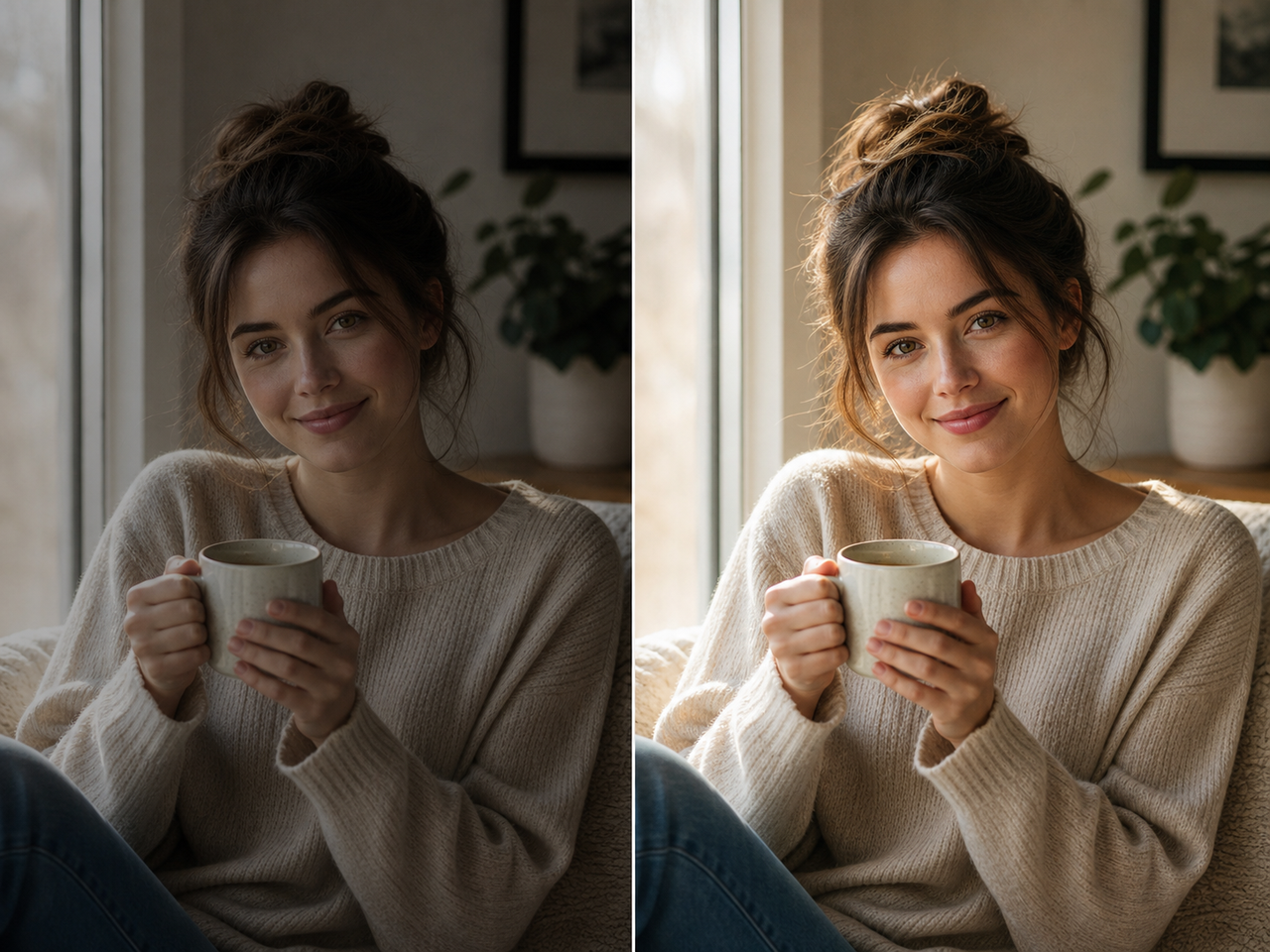 AI photo enhancer before and after portrait lighting cleanup