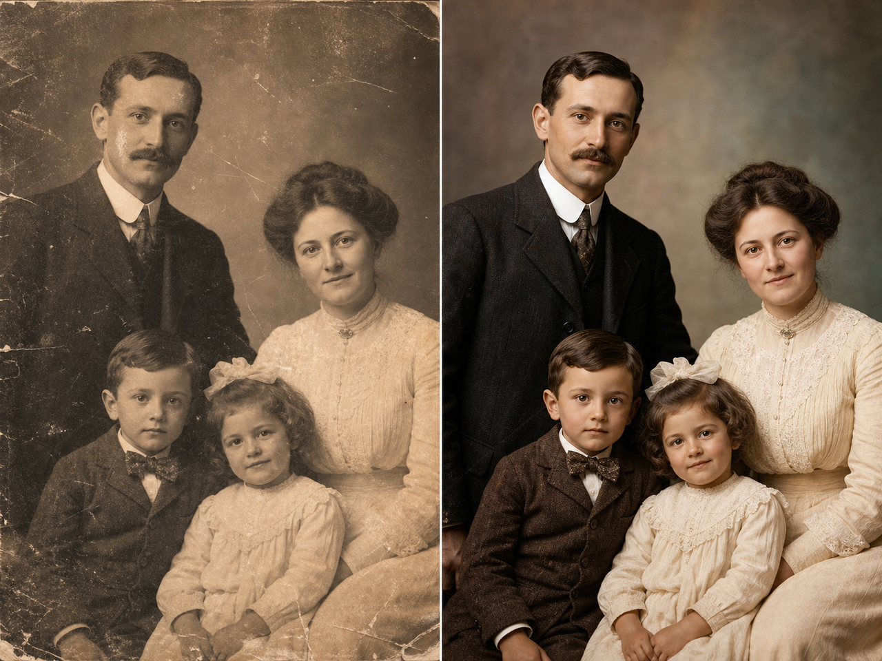 AI photo restoration before and after family portrait repair