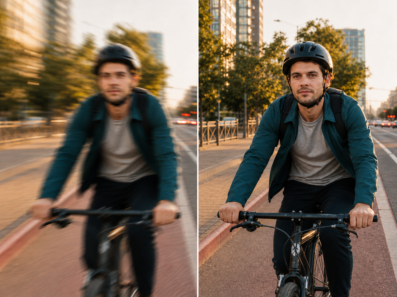 AI unblur image before and after cyclist portrait