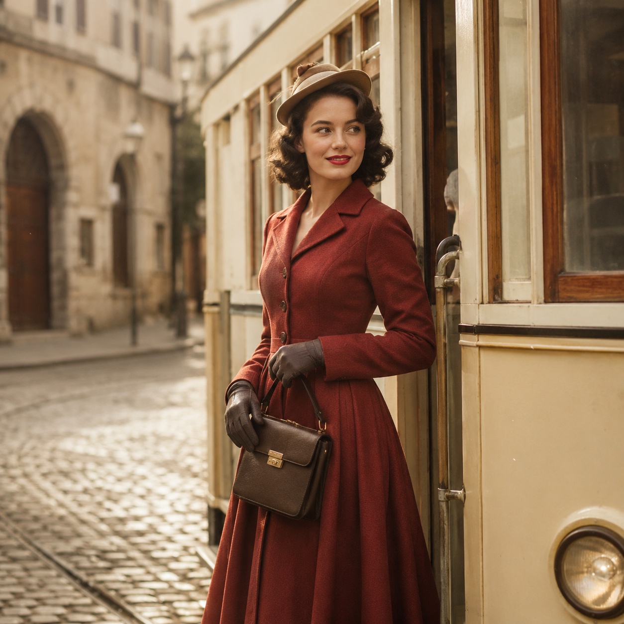 Restored vintage portrait of a woman near a tram