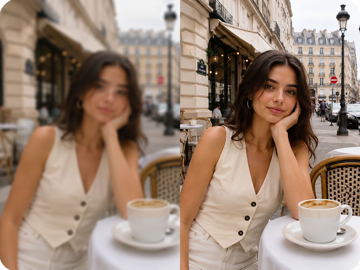 Ampliador de imágenes antes y después de la ampliación de retrato de un café en París