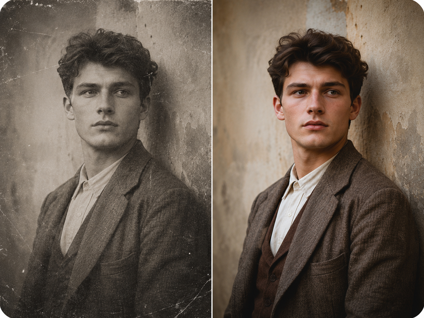 Restauración de fotos con IA antes y después del retrato vintage