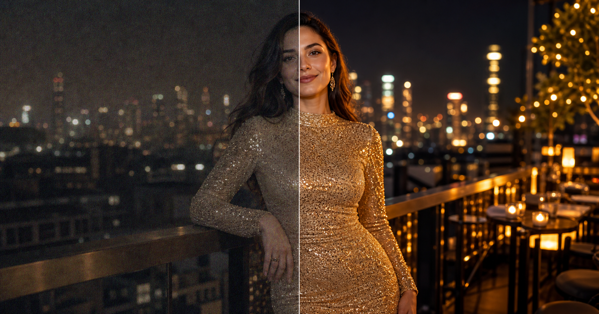 AI Photo Enhancer before and after gold sequin rooftop night portrait
