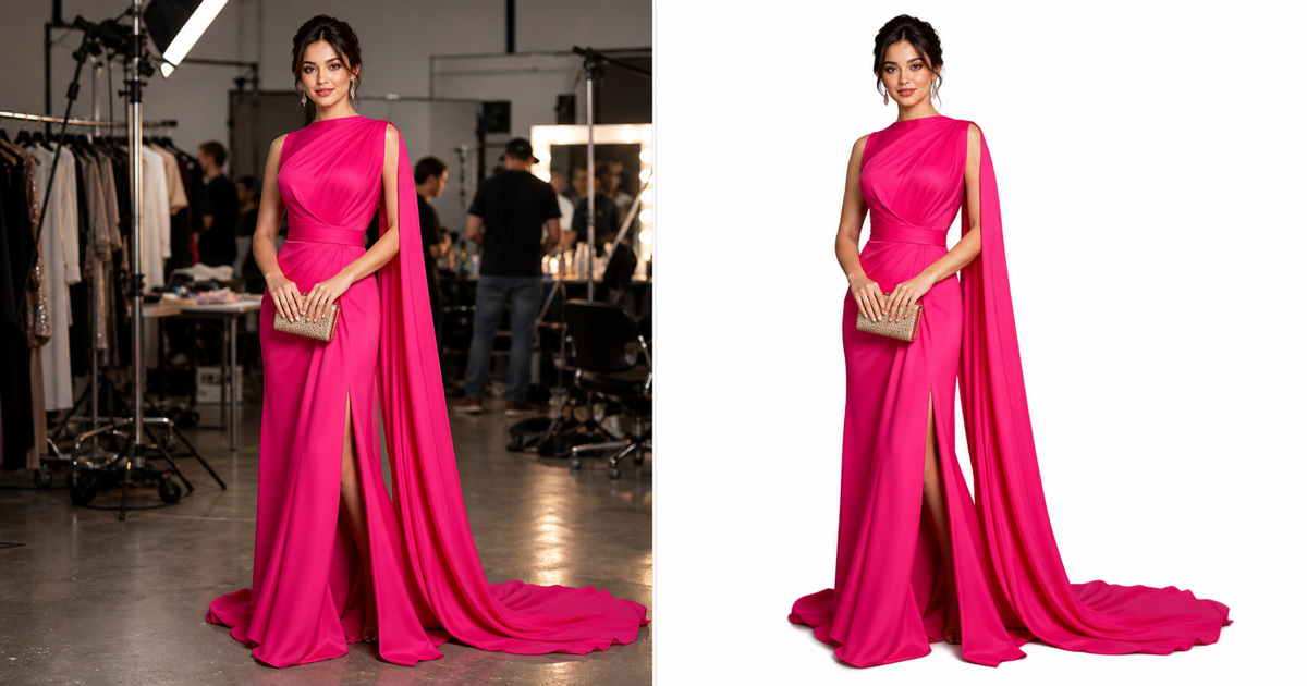 Background Remover before and after hot pink fashion gown cutout