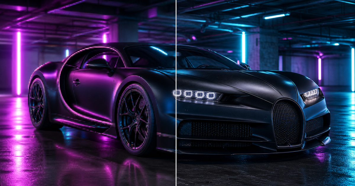 Image Upscaler before and after matte black neon garage hypercar