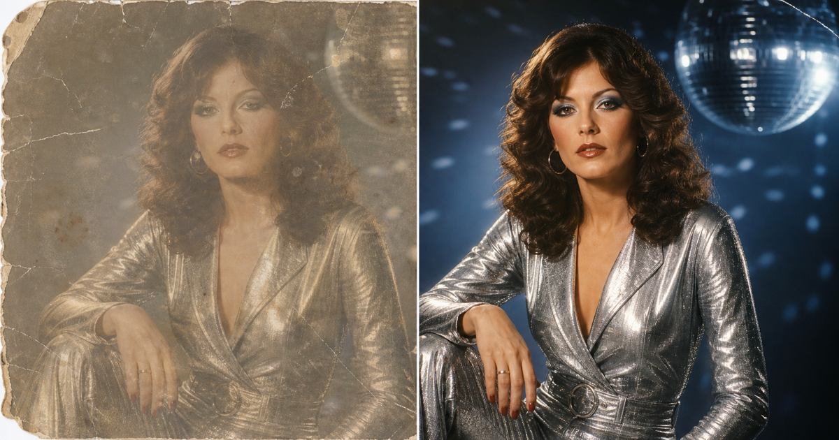 AI Photo Restoration before and after 1970s silver disco portrait