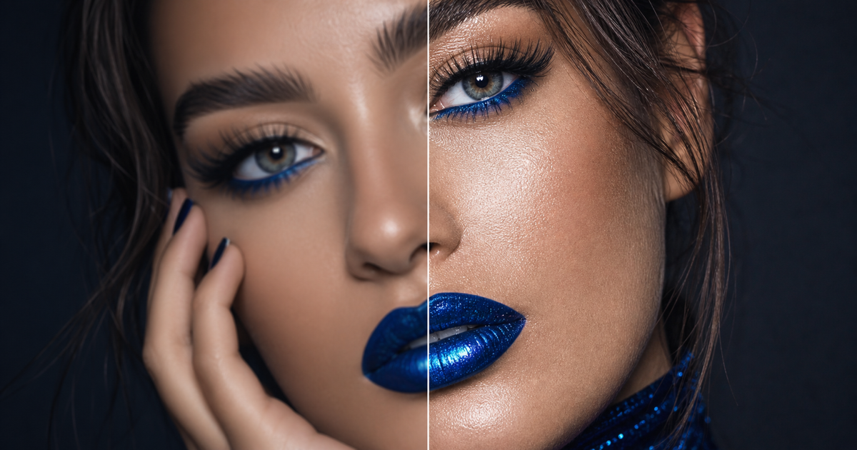 Sharpen Image before and after sapphire blue beauty editorial close-up