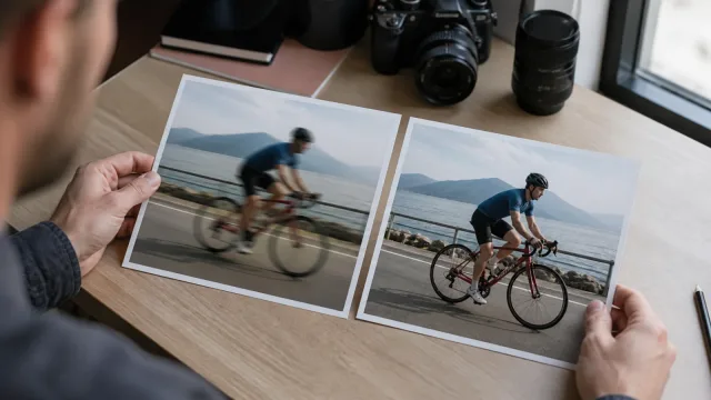 El mismo ciclista junto a la costa en dos fotos impresas, una borrosa y otra más nítida, como ilustración del antes y el después