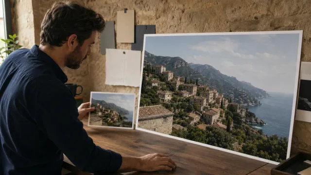 Small travel photograph compared with a larger detailed upscaled result