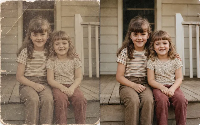 Restauración de fotos con IA foto de la infancia en el porche antes y después