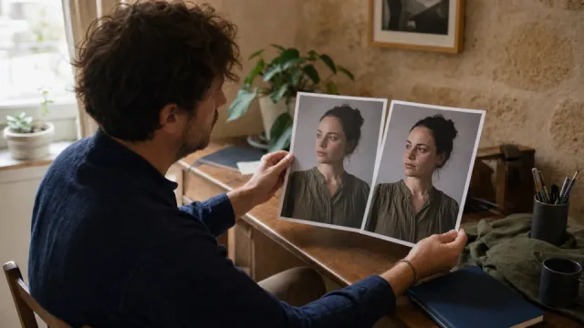 Before and after example of a softly lit portrait improved with natural clarity