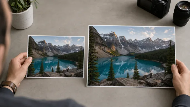 Dos copias de la misma foto de un lago alpino sobre una mesa: una pequeña y pixelada, y otra mayor y más nítida