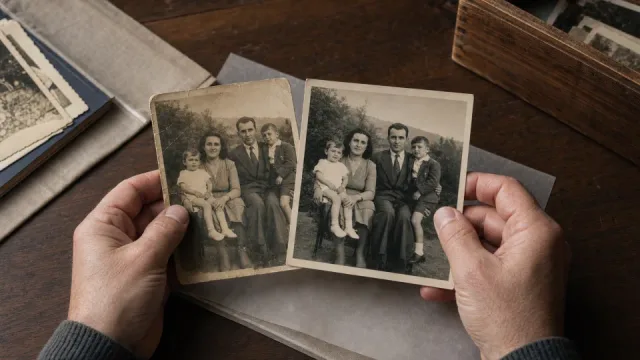 Faded family photograph compared with a clearer gently restored version