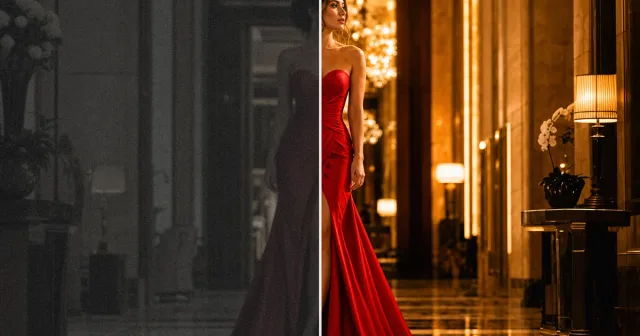 AI Photo Enhancer before and after red evening gown portrait cleanup