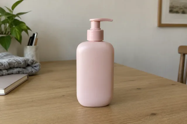 Pink skincare bottle on a home desk before background replacement