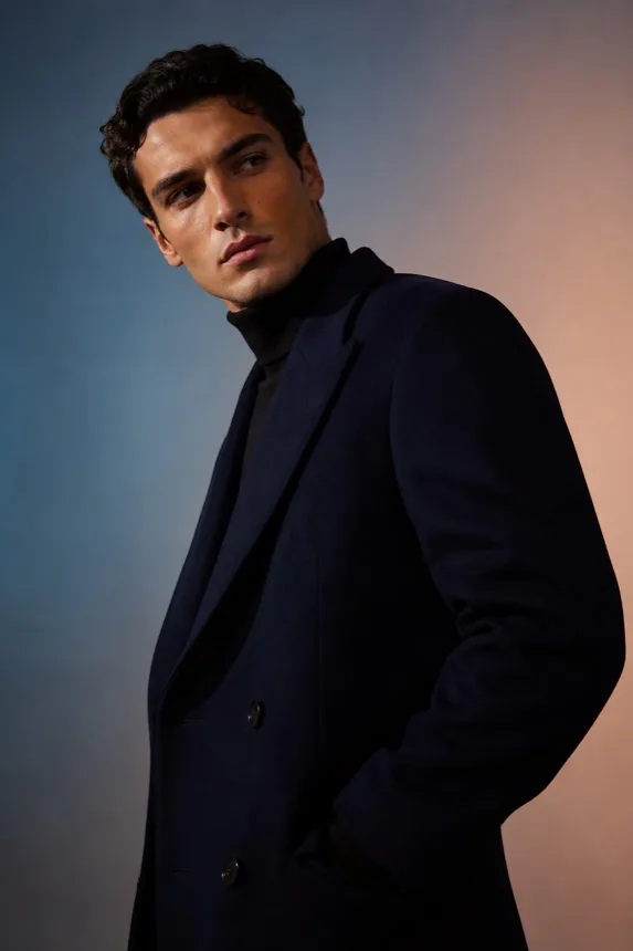 Navy coat studio portrait for face detail enhancement