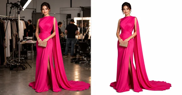 Background Remover before and after hot pink fashion gown cutout