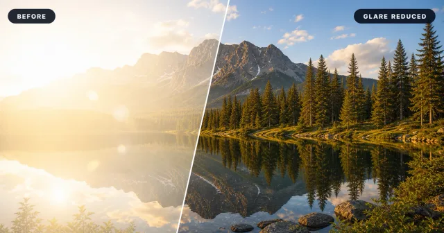 Before and after comparison showing sunset glare reduced on a coastal cycling path