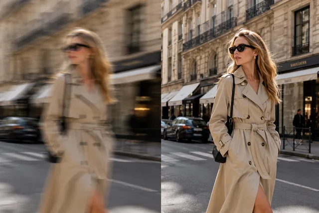 Motion blurred Paris street portrait before and after Unblur Image cleanup
