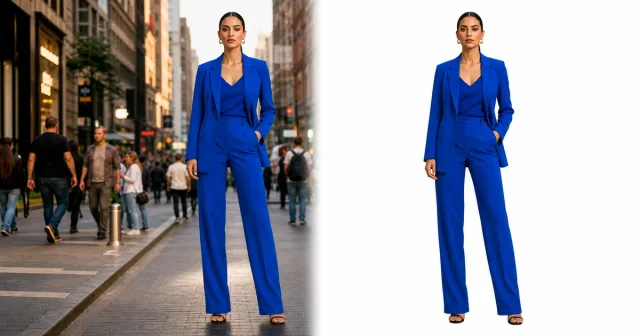 Background Remover before and after electric blue suit model cutout