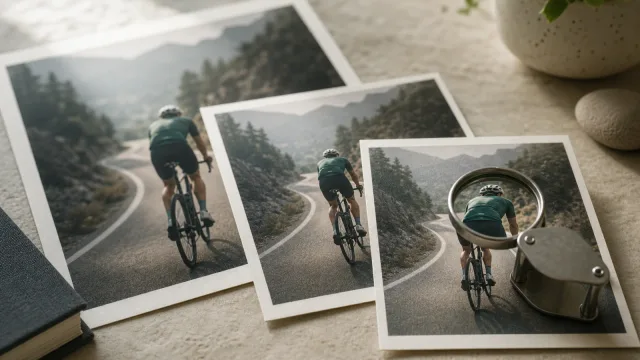 Tangan membandingkan cetakan foto untuk memeriksa blur, ketajaman, dan resolusi sebelum mengedit